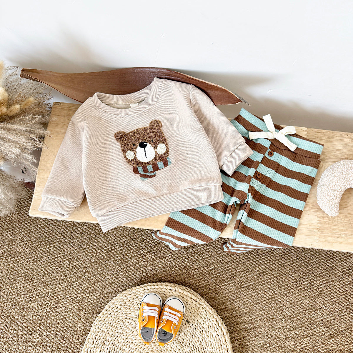 Vintage Bear Baby Outfit, Loose Crewneck Bear Sweatshirt And Striped Pants
