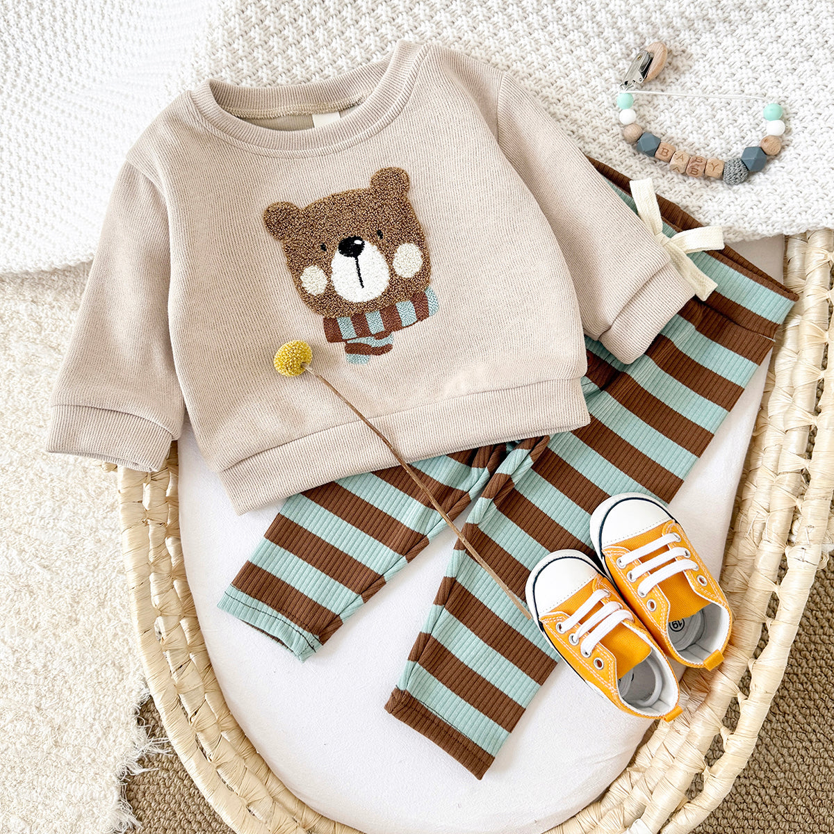 Vintage Bear Baby Outfit, Loose Crewneck Bear Sweatshirt And Striped Pants