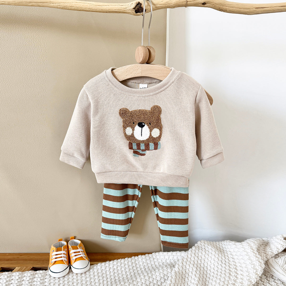 Vintage Bear Baby Outfit, Loose Crewneck Bear Sweatshirt And Striped Pants