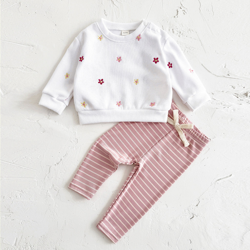Cute Baby Girl Outfit, Allover Floral Sweatshirt With Pink Striped Pants