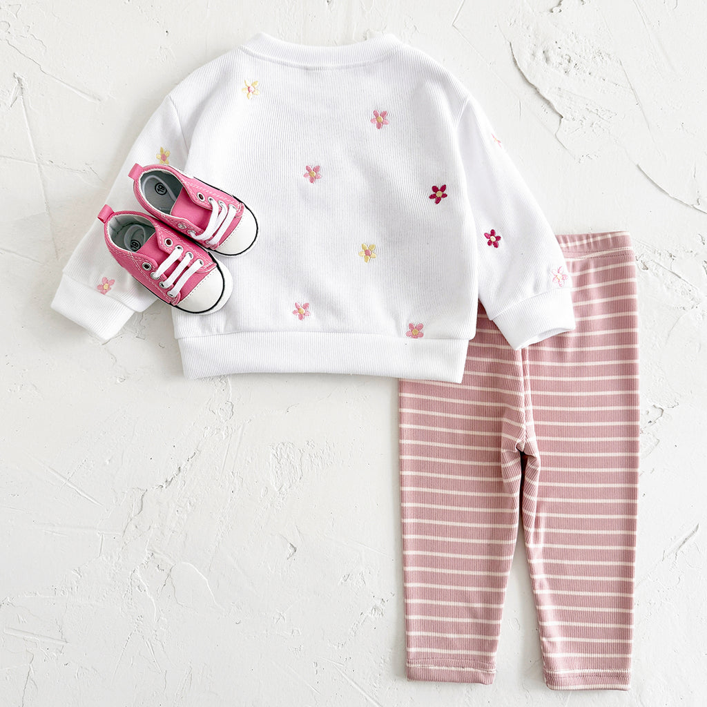 Cute Baby Girl Outfit, Allover Floral Sweatshirt With Pink Striped Pants