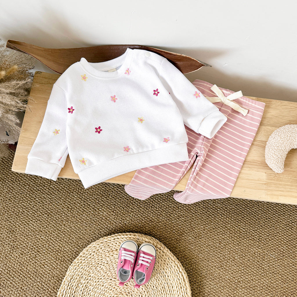Cute Baby Girl Outfit, Allover Floral Sweatshirt With Pink Striped Pants