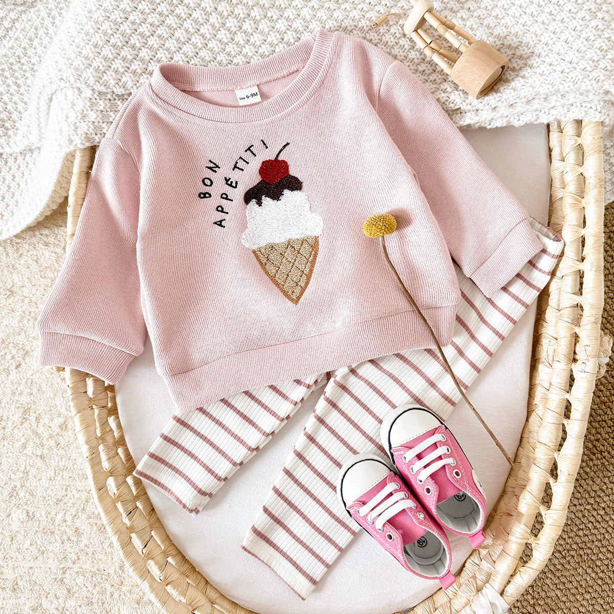 Dessert Style Baby Outfit, Loose Crewneck Ice Cream Sweatshirt And Striped Pants
