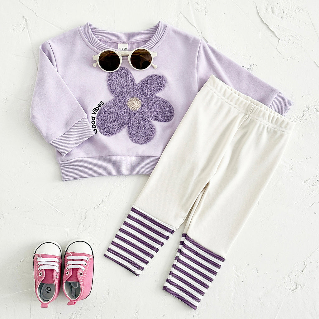 Sweet Baby Girl Set, 3D Flower Sweatshirt Striped Pants
