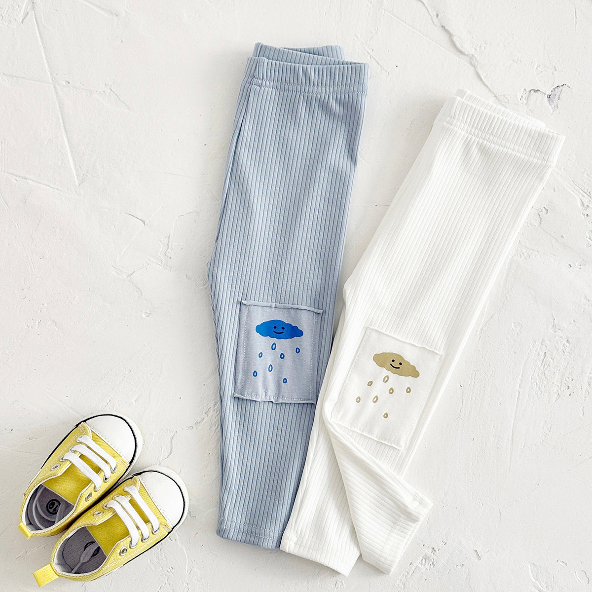 Comfy Baby Outer Pants Cartoon Cloud Pocket Vertical Rib Leggings