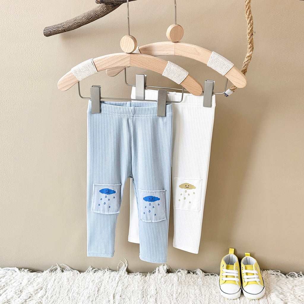 Comfy Baby Outer Pants Cartoon Cloud Pocket Vertical Rib Leggings