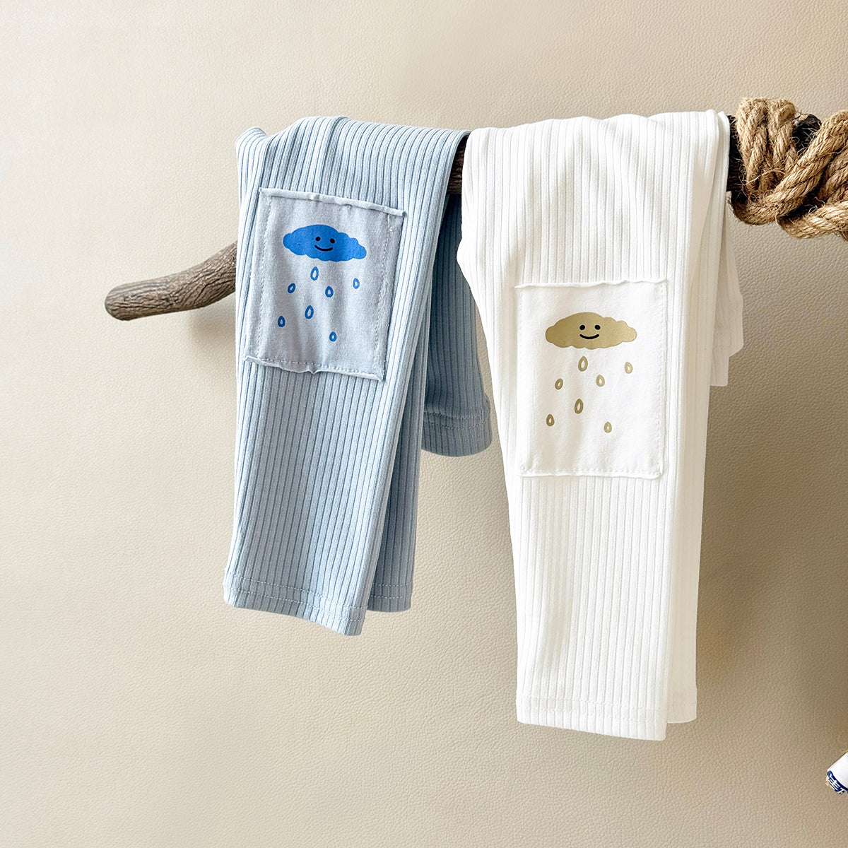 Comfy Baby Outer Pants Cartoon Cloud Pocket Vertical Rib Leggings