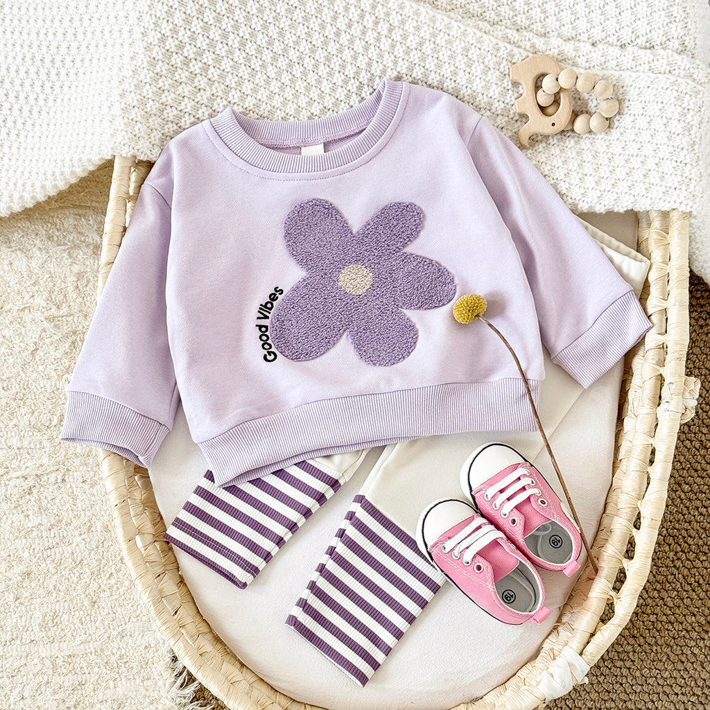 Sweet Baby Girl Set, 3D Flower Sweatshirt Striped Pants