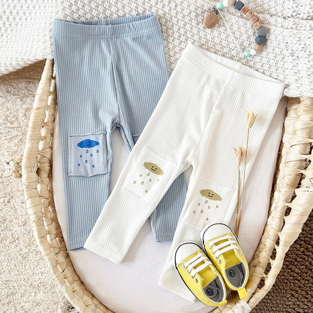 Comfy Baby Outer Pants Cartoon Cloud Pocket Vertical Rib Leggings