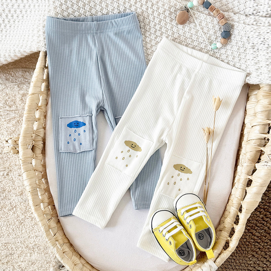 Comfy Baby Outer Pants Cartoon Cloud Pocket Vertical Rib Leggings