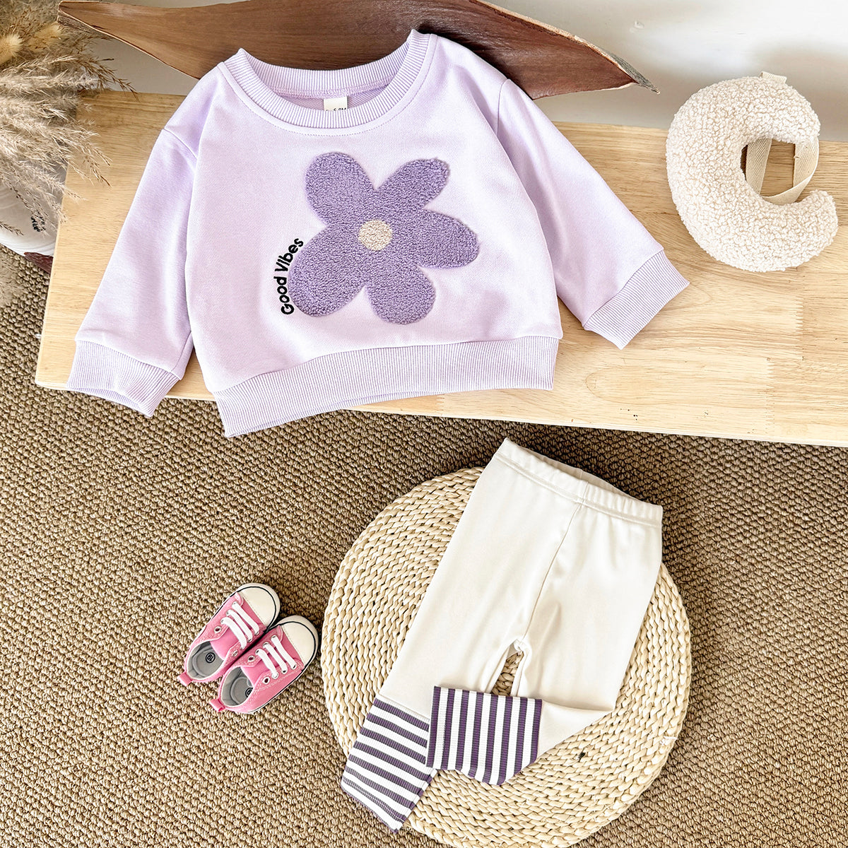 Sweet Baby Girl Set, 3D Flower Sweatshirt Striped Pants