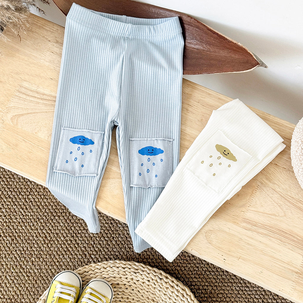 Comfy Baby Outer Pants Cartoon Cloud Pocket Vertical Rib Leggings