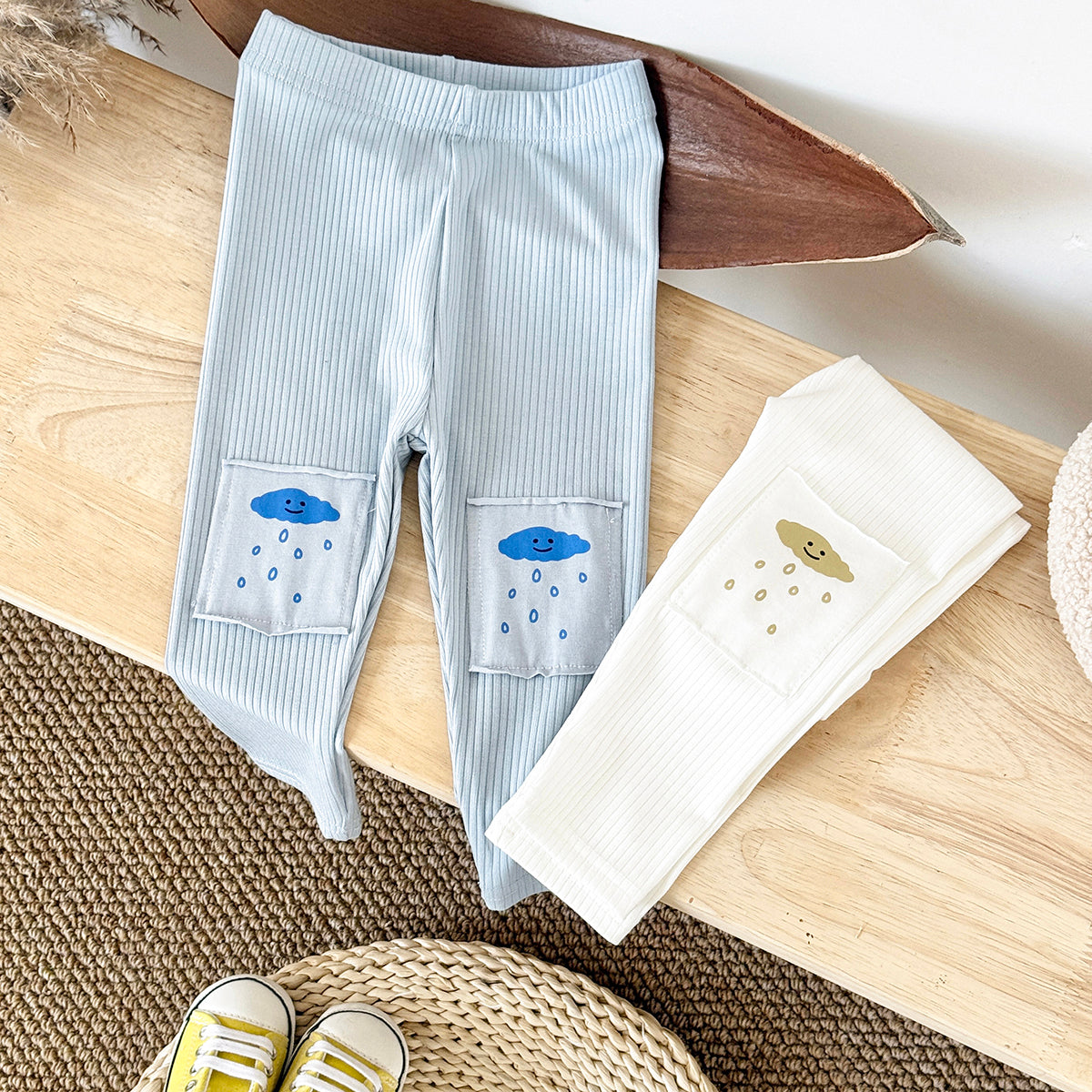 Comfy Baby Outer Pants Cartoon Cloud Pocket Vertical Rib Leggings