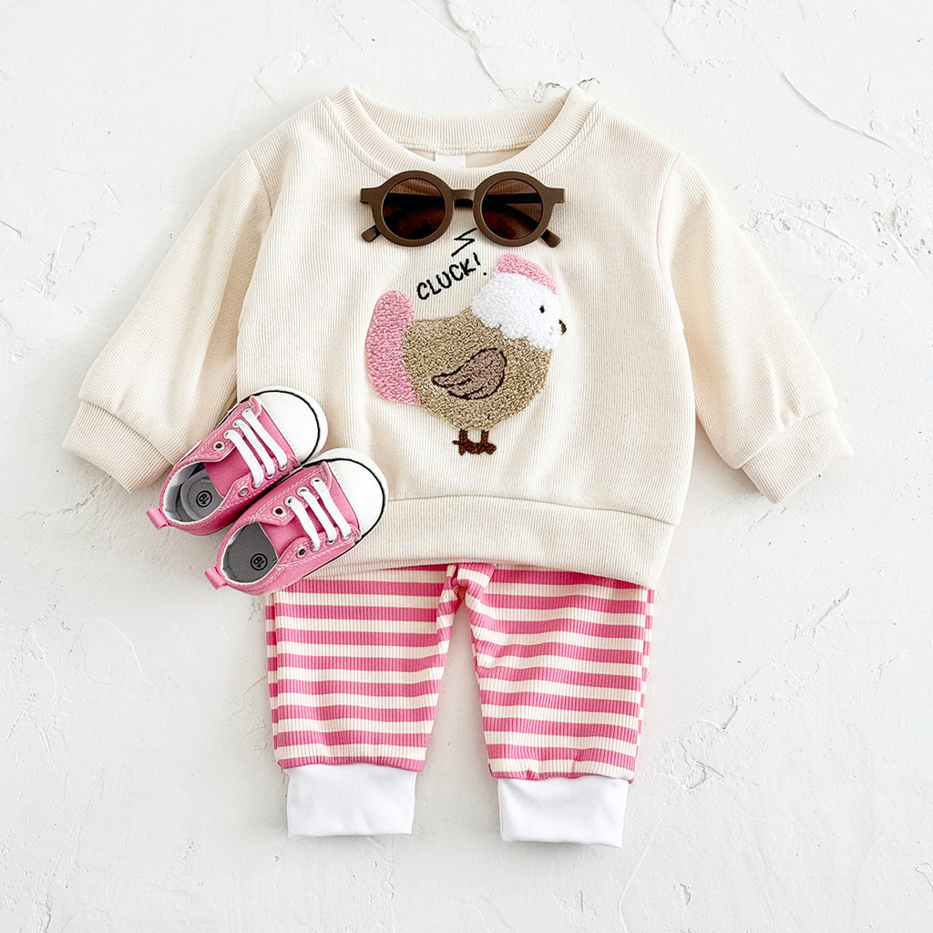 Sweet Baby Set, 3D Chicken Sweatshirt Pink Striped Pants