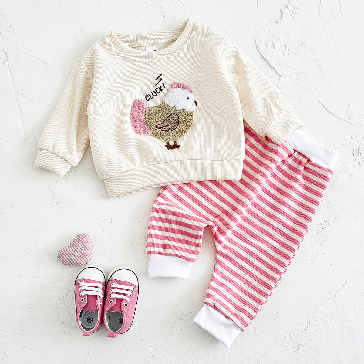 Sweet Baby Set, 3D Chicken Sweatshirt Pink Striped Pants