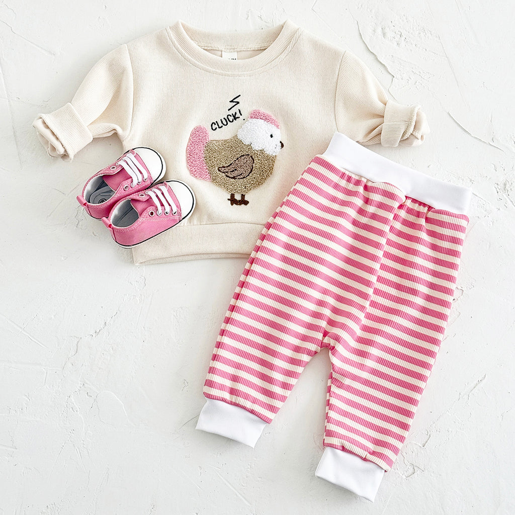 Sweet Baby Set, 3D Chicken Sweatshirt Pink Striped Pants