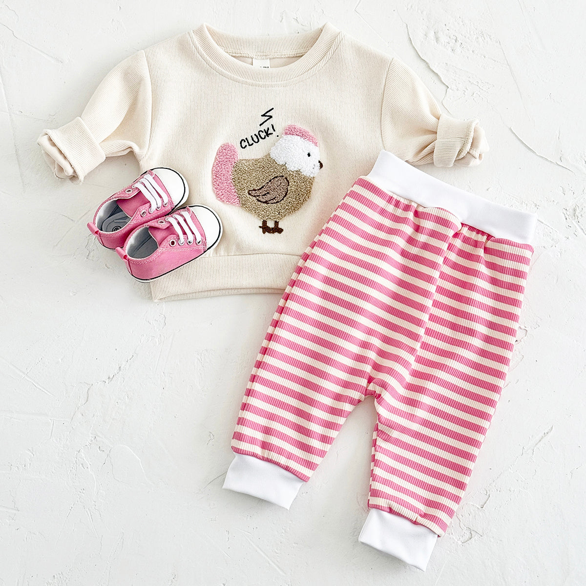 Sweet Baby Set, 3D Chicken Sweatshirt Pink Striped Pants