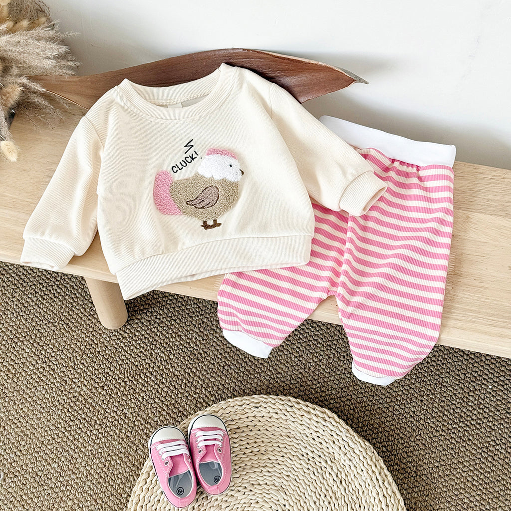 Sweet Baby Set, 3D Chicken Sweatshirt Pink Striped Pants