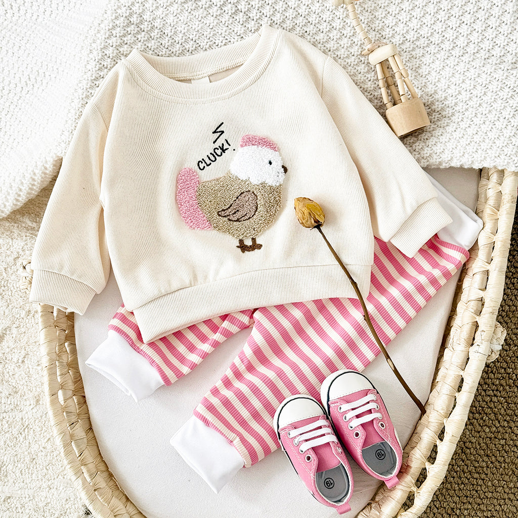 Sweet Baby Set, 3D Chicken Sweatshirt Pink Striped Pants