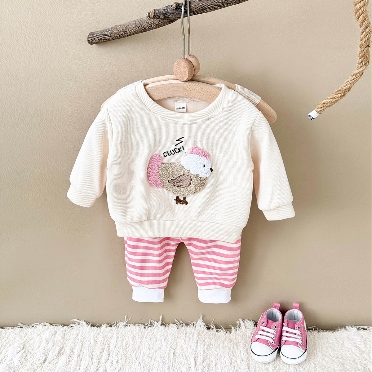Sweet Baby Set, 3D Chicken Sweatshirt Pink Striped Pants