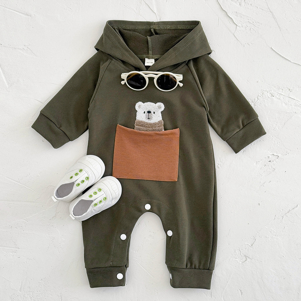 Simple Baby Jumpsuit Cartoon Bear Pocket Hooded Newborn Romper