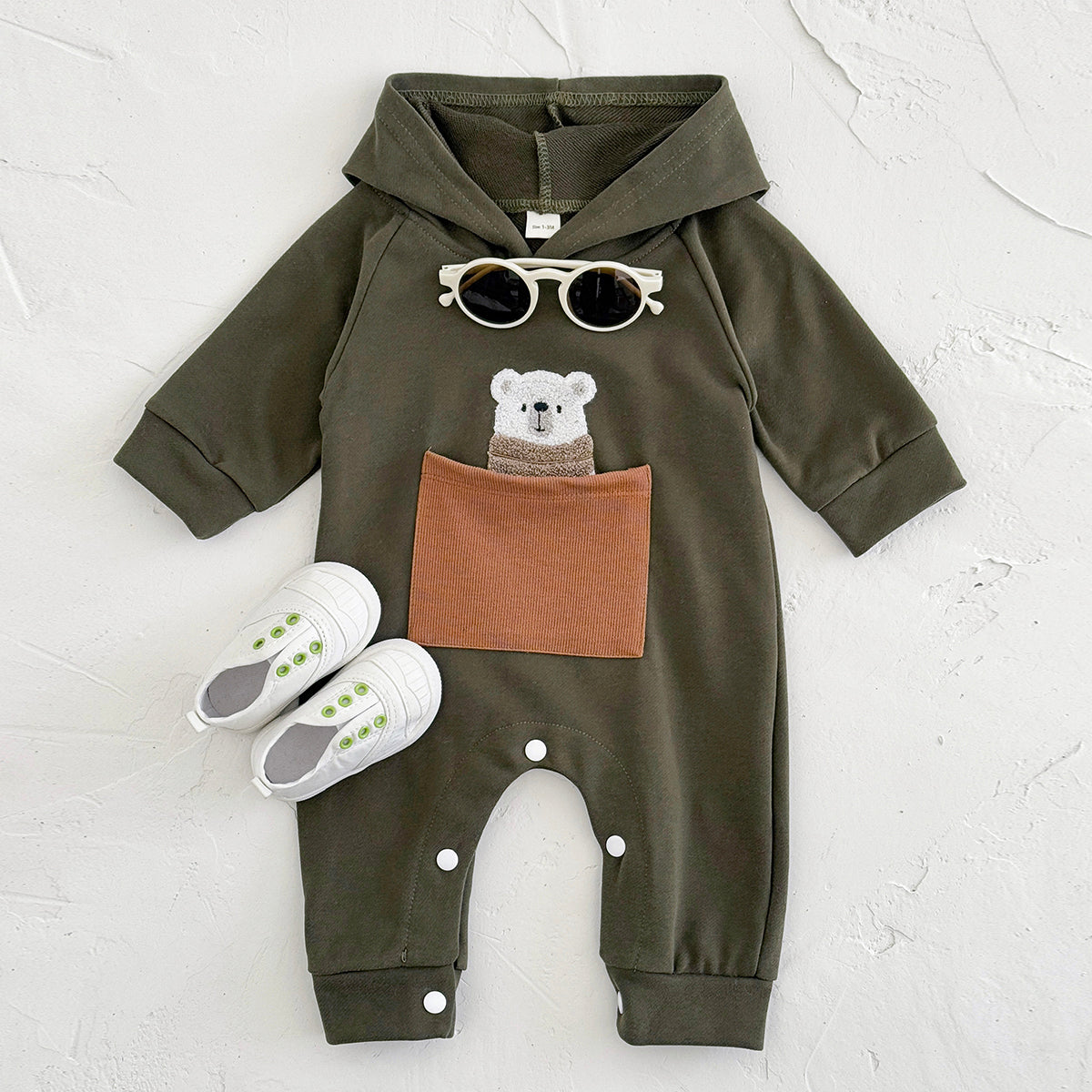 Simple Baby Jumpsuit Cartoon Bear Pocket Hooded Newborn Romper