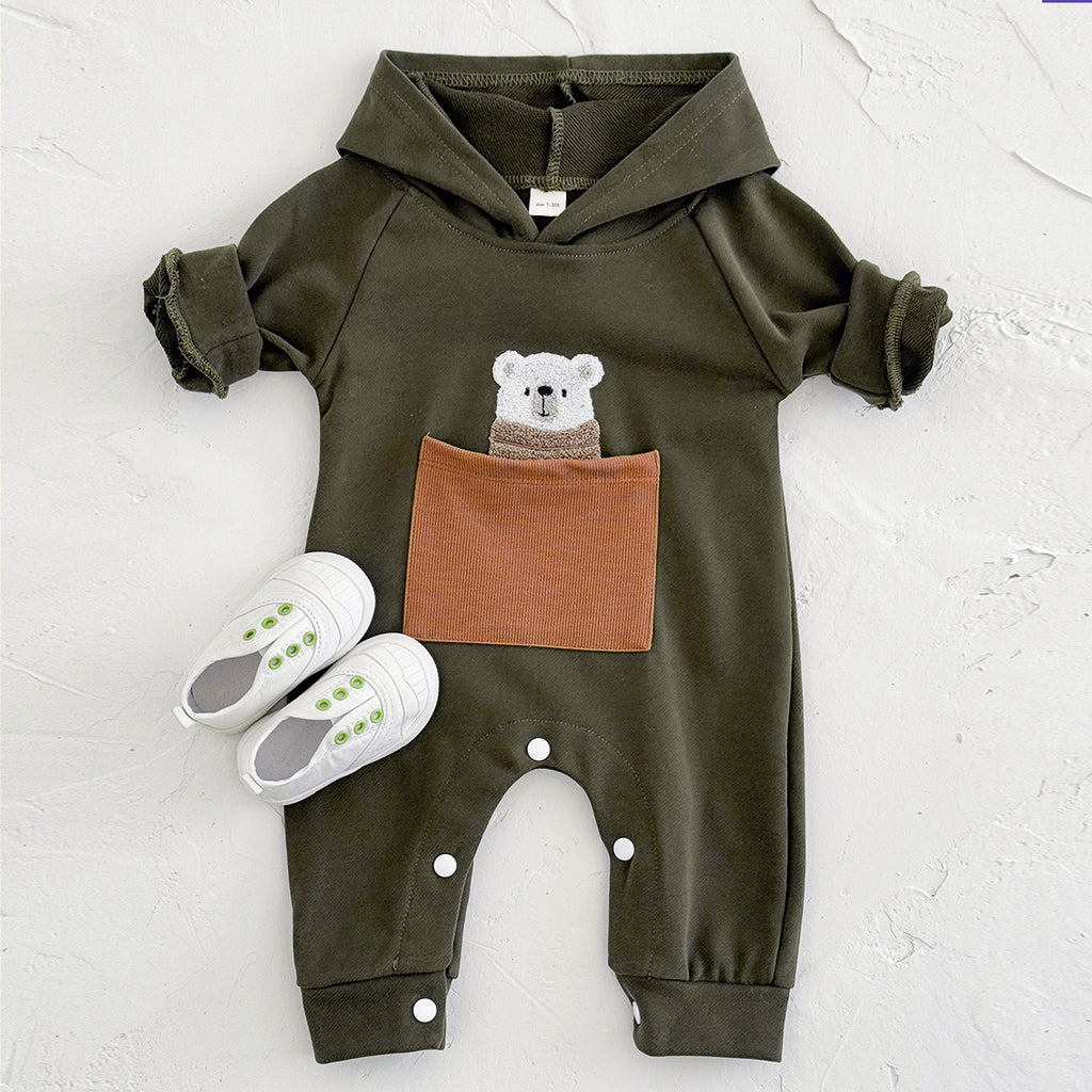 Simple Baby Jumpsuit Cartoon Bear Pocket Hooded Newborn Romper