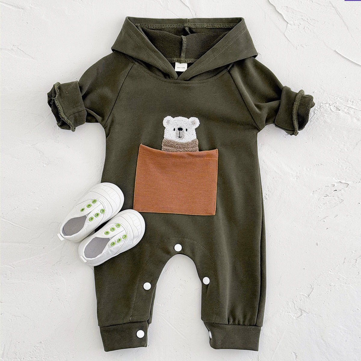 Simple Baby Jumpsuit Cartoon Bear Pocket Hooded Newborn Romper