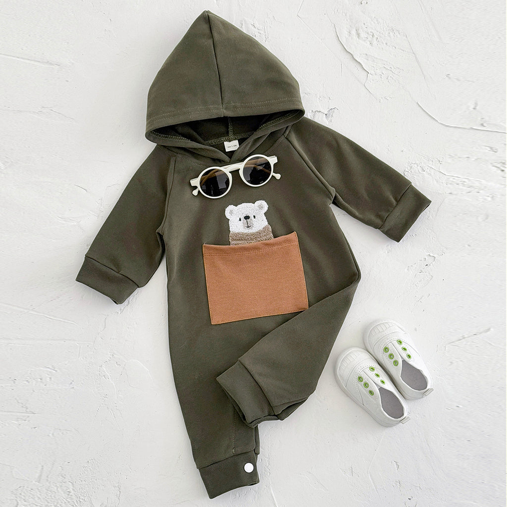 Simple Baby Jumpsuit Cartoon Bear Pocket Hooded Newborn Romper