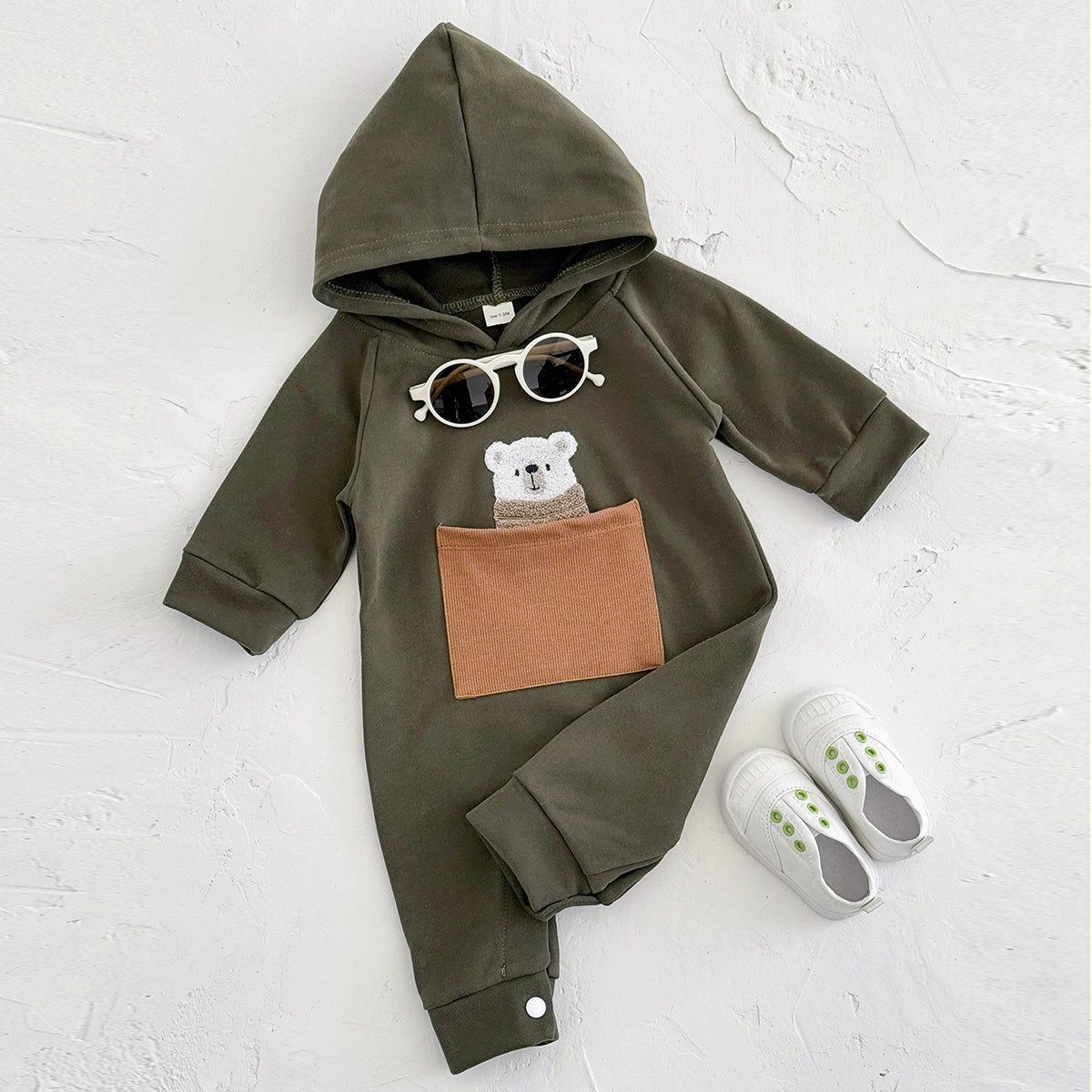 Simple Baby Jumpsuit Cartoon Bear Pocket Hooded Newborn Romper