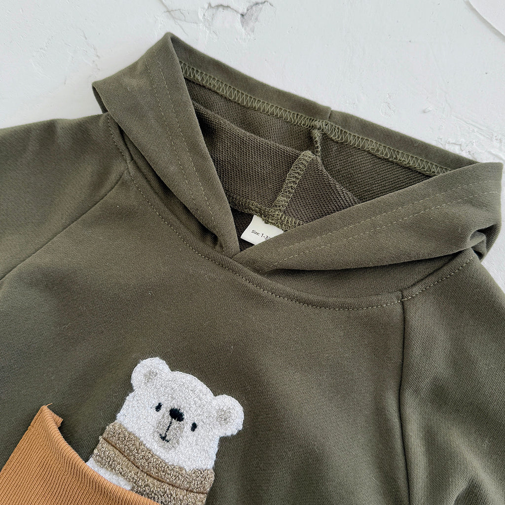 Simple Baby Jumpsuit Cartoon Bear Pocket Hooded Newborn Romper