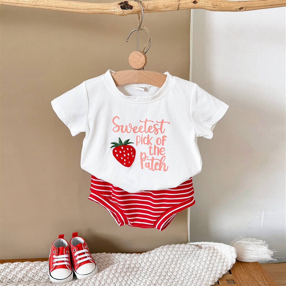 Red Strawberry Short Sleeve Set for Girls, Summer