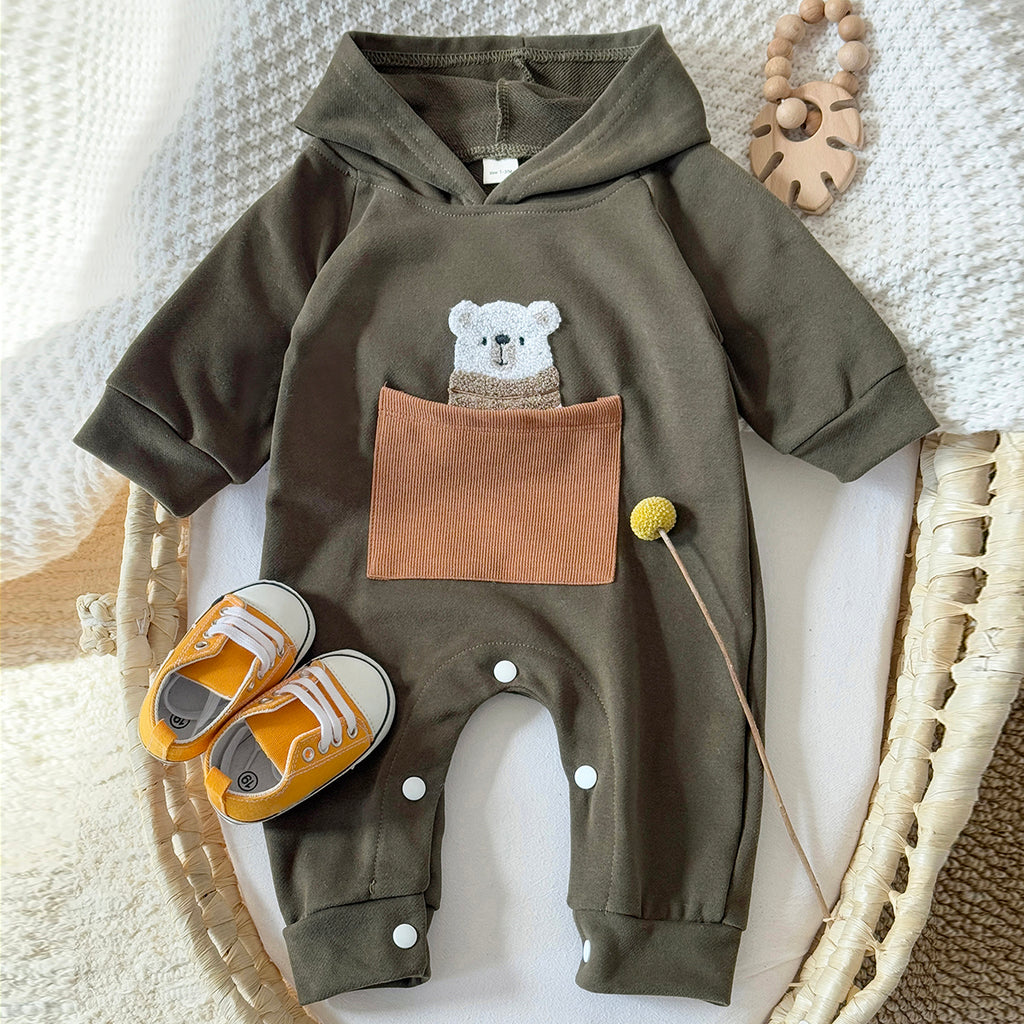 Simple Baby Jumpsuit Cartoon Bear Pocket Hooded Newborn Romper