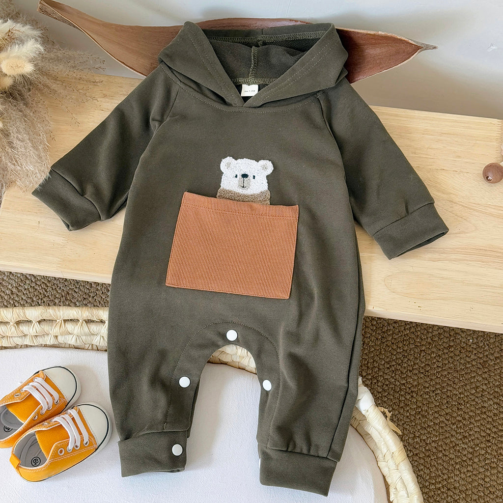 Simple Baby Jumpsuit Cartoon Bear Pocket Hooded Newborn Romper