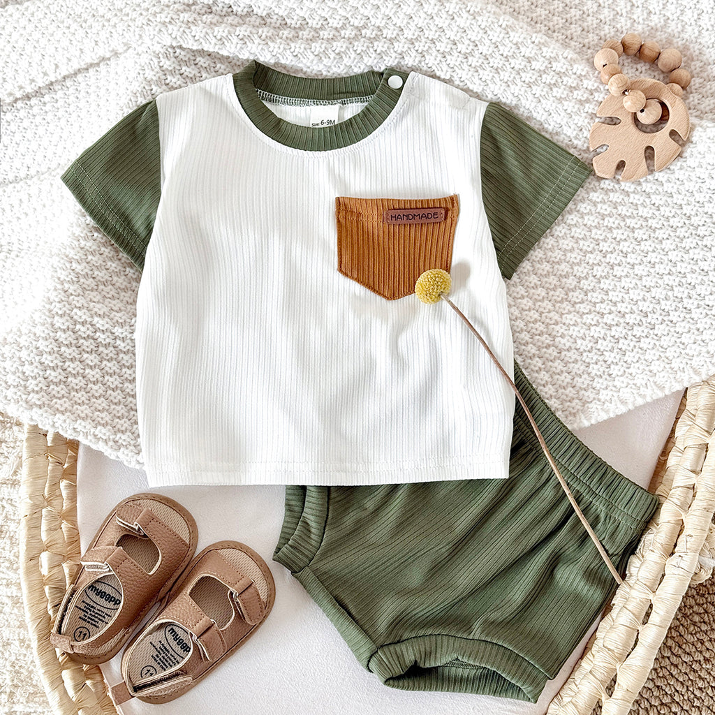 Summer Casual Green & White Color Block Set for Boys