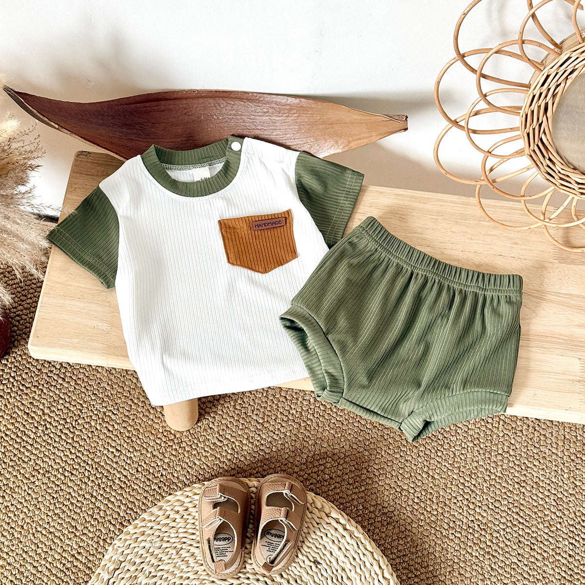 Summer Casual Green & White Color Block Set for Boys