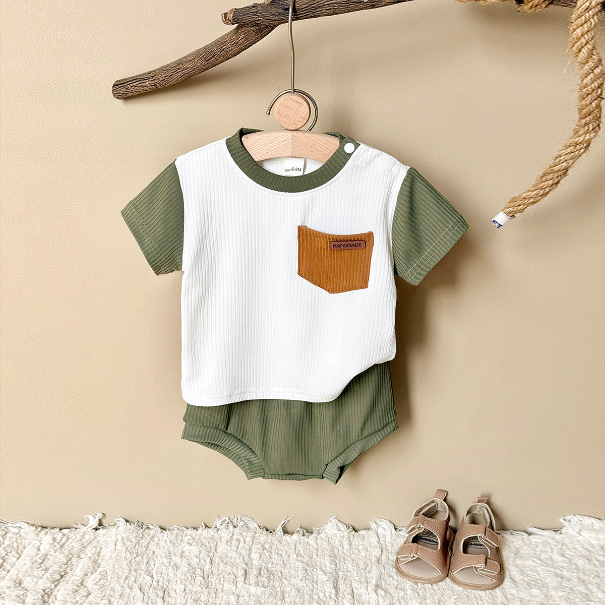 Summer Casual Green & White Color Block Set for Boys