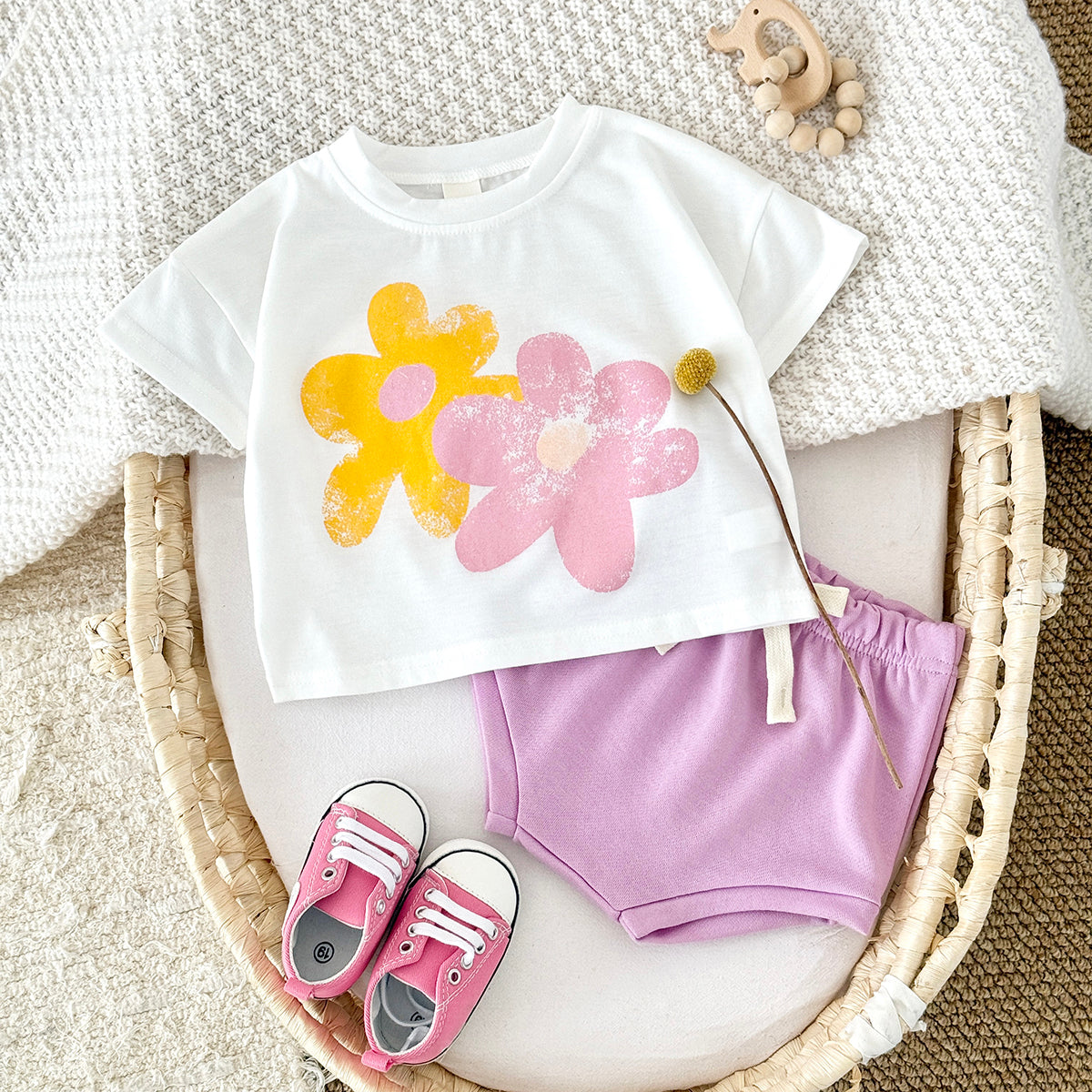 Summer Big Red Floral Print Set for Girls