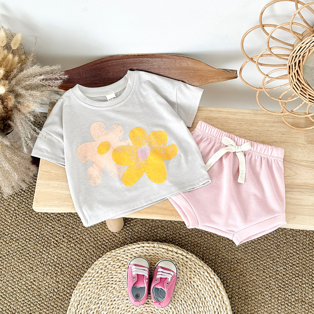 Summer Big Red Floral Print Set for Girls