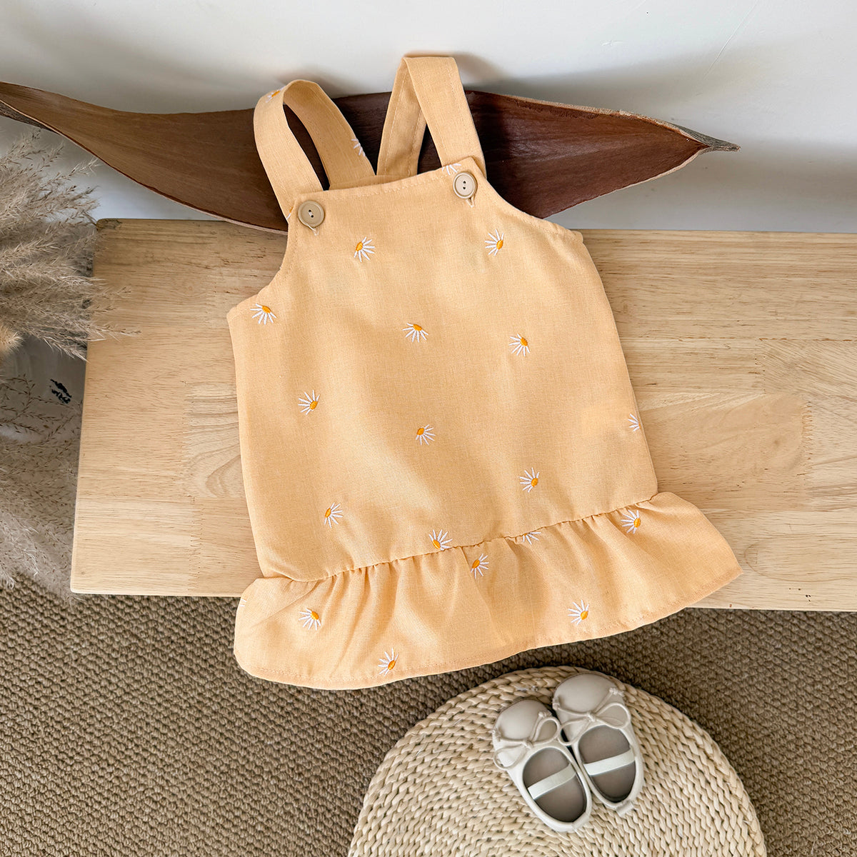 Summer Brown Floral Embroidery Dress for Baby Girls
