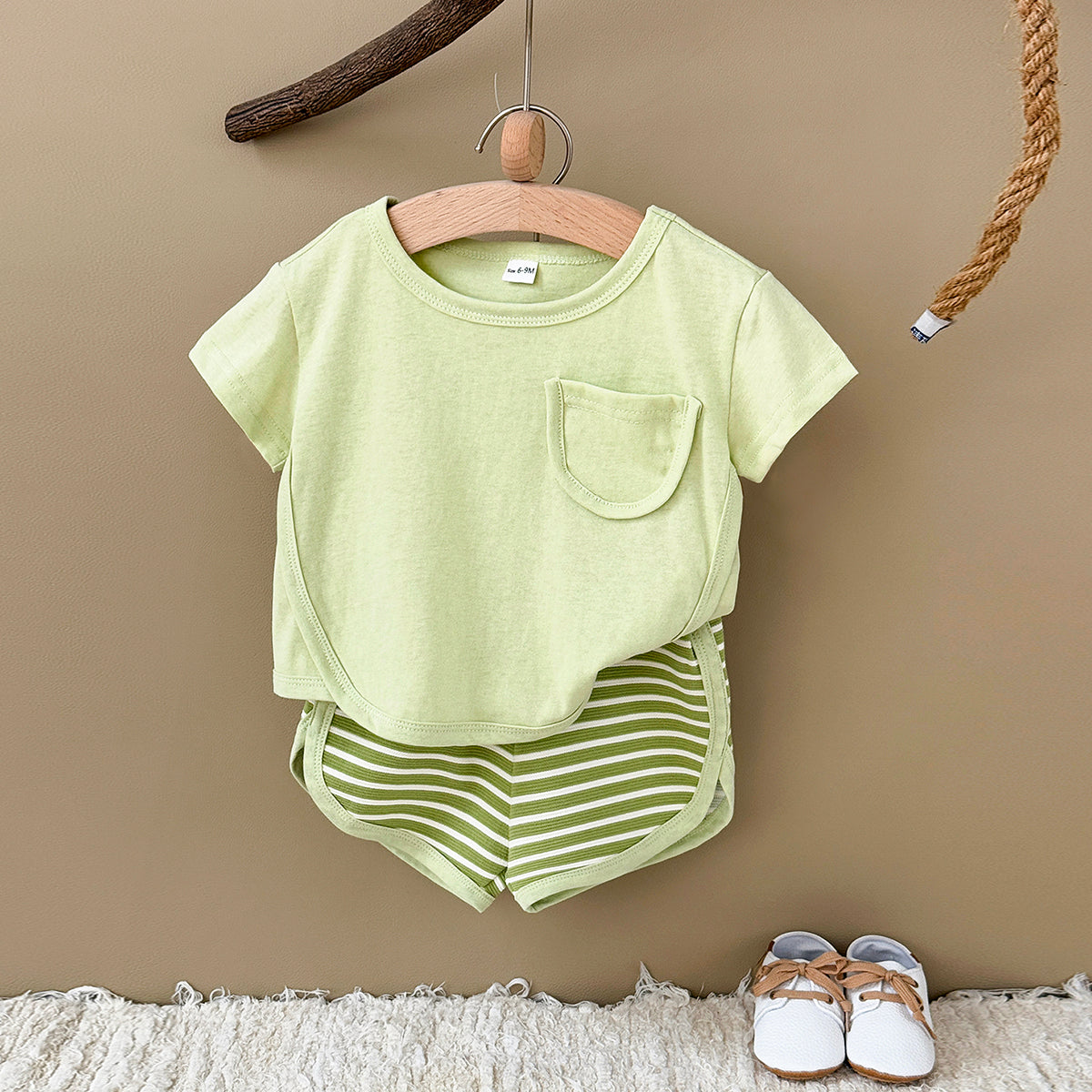 Summer Casual Striped Short Sleeve Set with Chest Pockets
