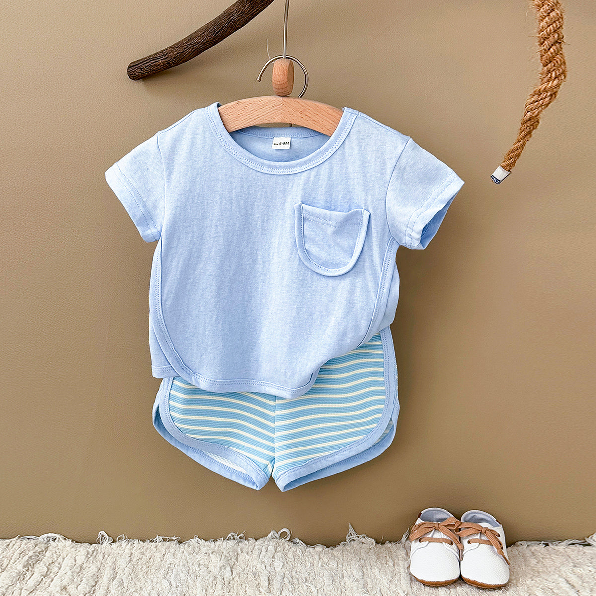 Summer Casual Striped Short Sleeve Set with Chest Pockets