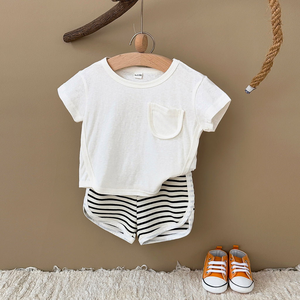 Summer Casual Striped Short Sleeve Set with Chest Pockets