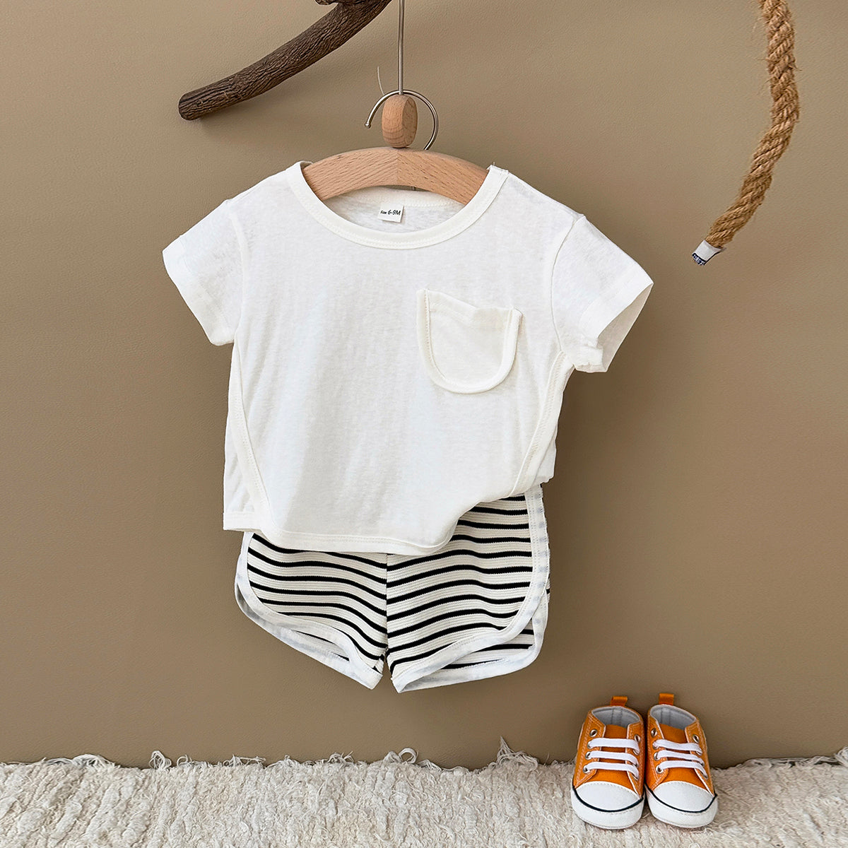 Summer Casual Striped Short Sleeve Set with Chest Pockets