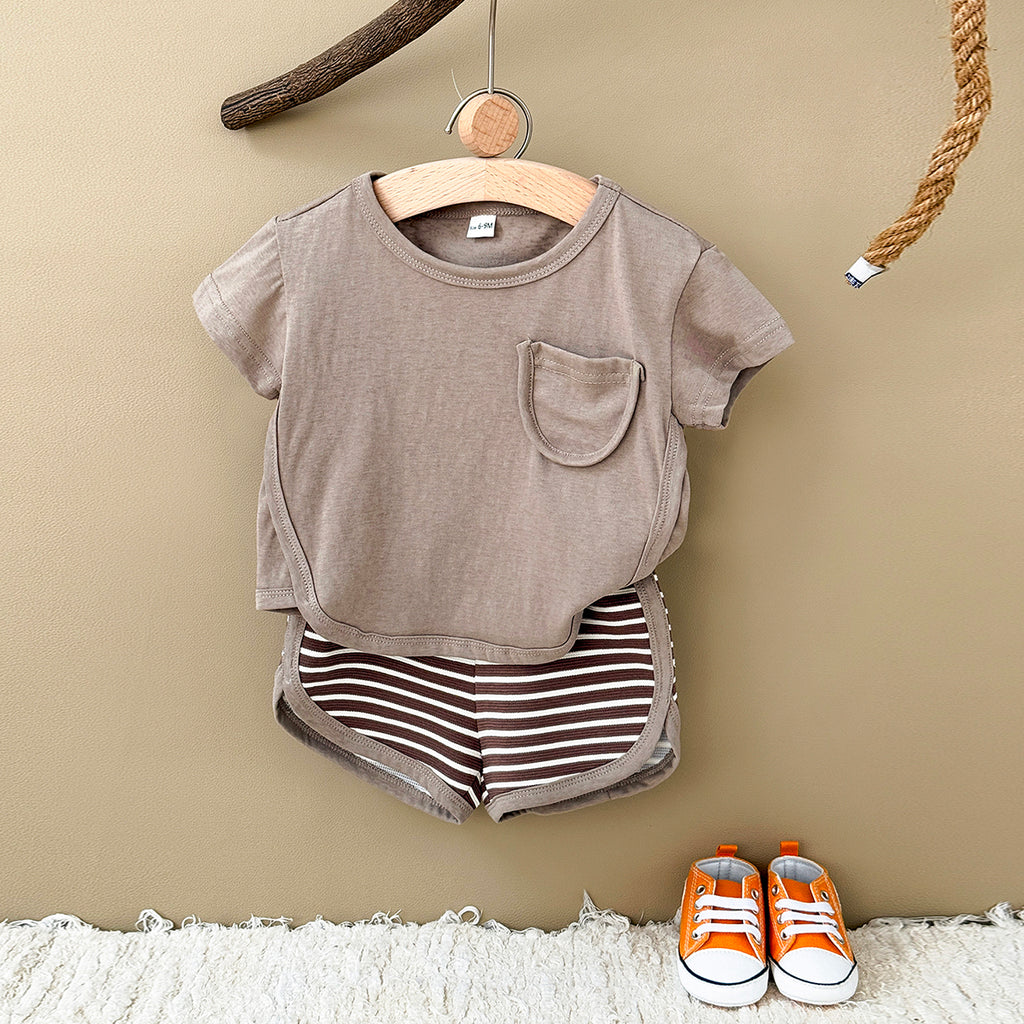 Summer Casual Striped Short Sleeve Set with Chest Pockets
