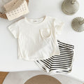 Summer Casual Striped Short Sleeve Set with Chest Pockets