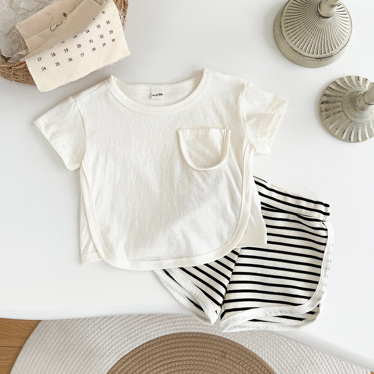 Summer Casual Striped Short Sleeve Set with Chest Pockets