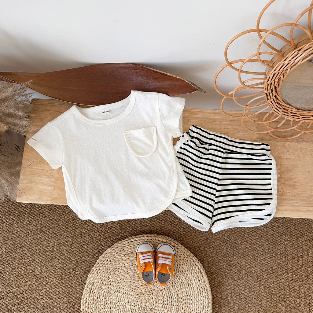 Summer Casual Striped Short Sleeve Set with Chest Pockets