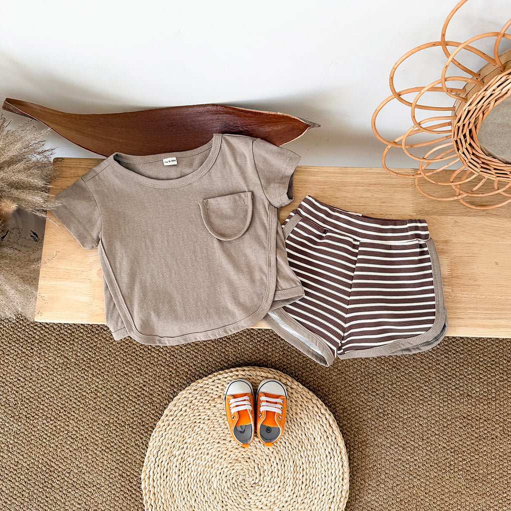 Summer Casual Striped Short Sleeve Set with Chest Pockets