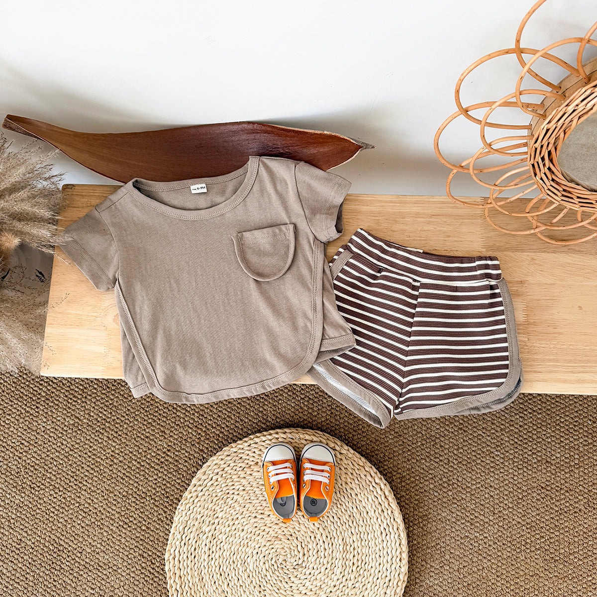 Summer Casual Striped Short Sleeve Set with Chest Pockets